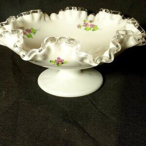 Fenton Silver Crest Compote Bowl White Milk Glass Candy Dish 8" x 4" with Violet
